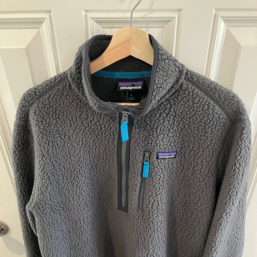 Patagonia Gray Sherpa Fleece Pullover with Blue Zipper Accents